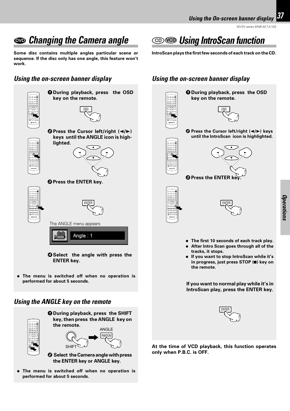 Changing the camera angle, Using introscan function, Using the on-screen banner display | Operations | Kenwood XD-DV75 User Manual | Page 37 / 73