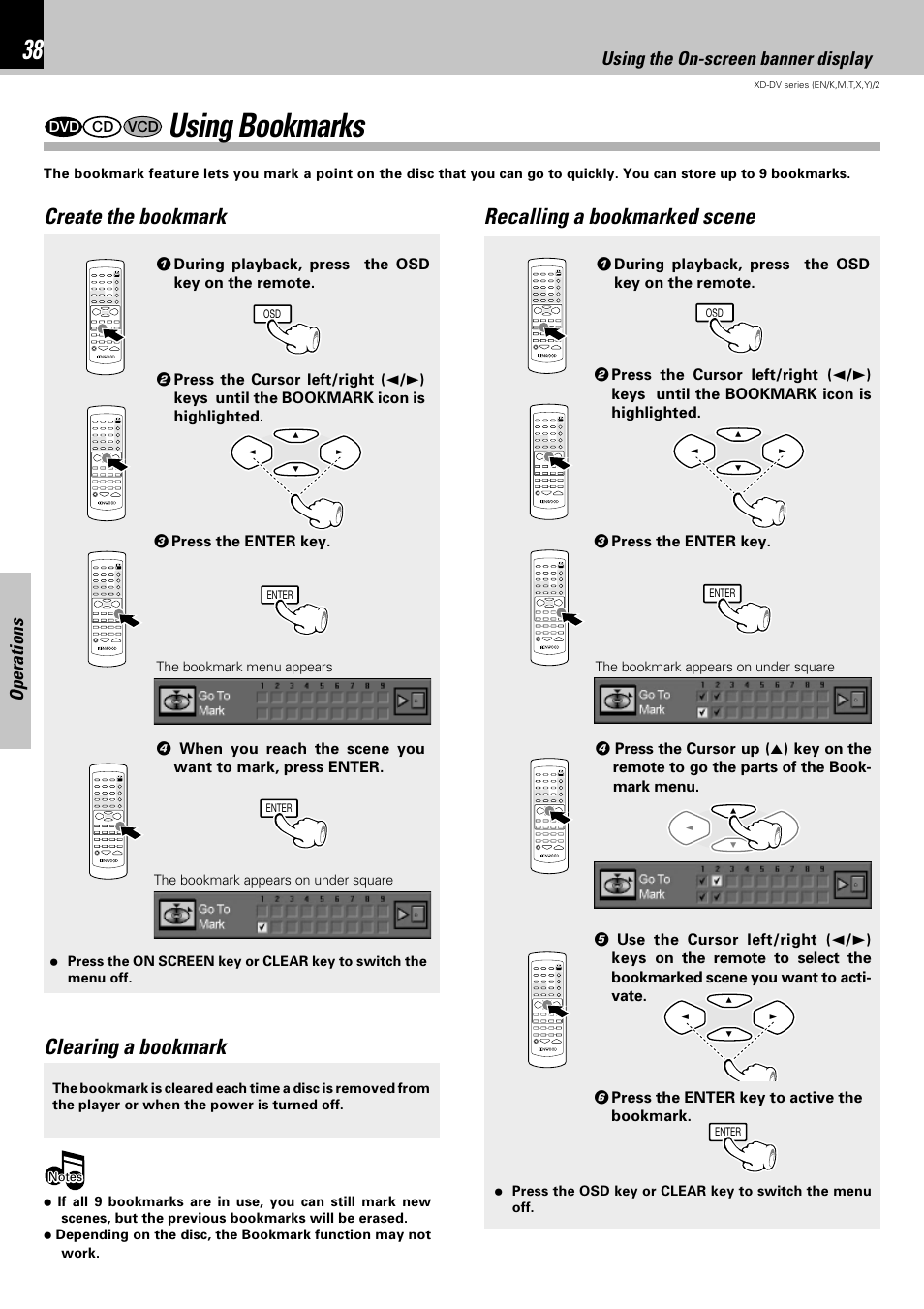 Using bookmarks, Operations, Using the on-screen banner display | Kenwood XD-DV75 User Manual | Page 38 / 73