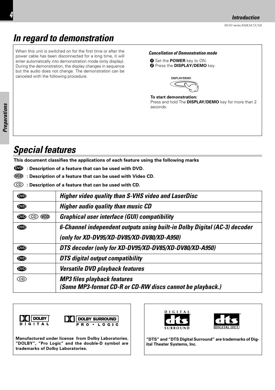 In regard to demonstration, Special features | Kenwood XD-DV75 User Manual | Page 4 / 73