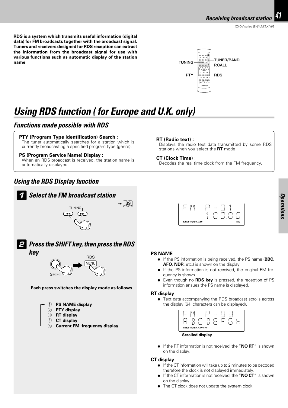 Using rds function ( for europe and u.k. only), Functions made possible with rds, Press the shift key, then press the rds key | Operations, Receiving broadcast station | Kenwood XD-DV75 User Manual | Page 41 / 73