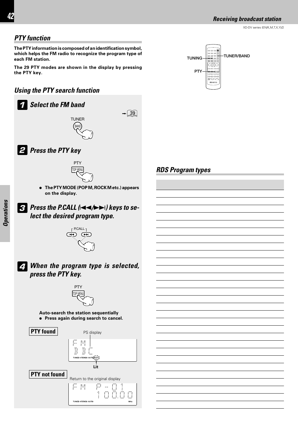 Pty function, Rds program types, Using the pty search function select the fm band | Press the pty key | Kenwood XD-DV75 User Manual | Page 42 / 73