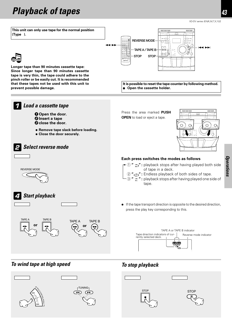 Playback of tapes, Load a cassette tape, Select reverse mode | Start playback, Operations | Kenwood XD-DV75 User Manual | Page 43 / 73