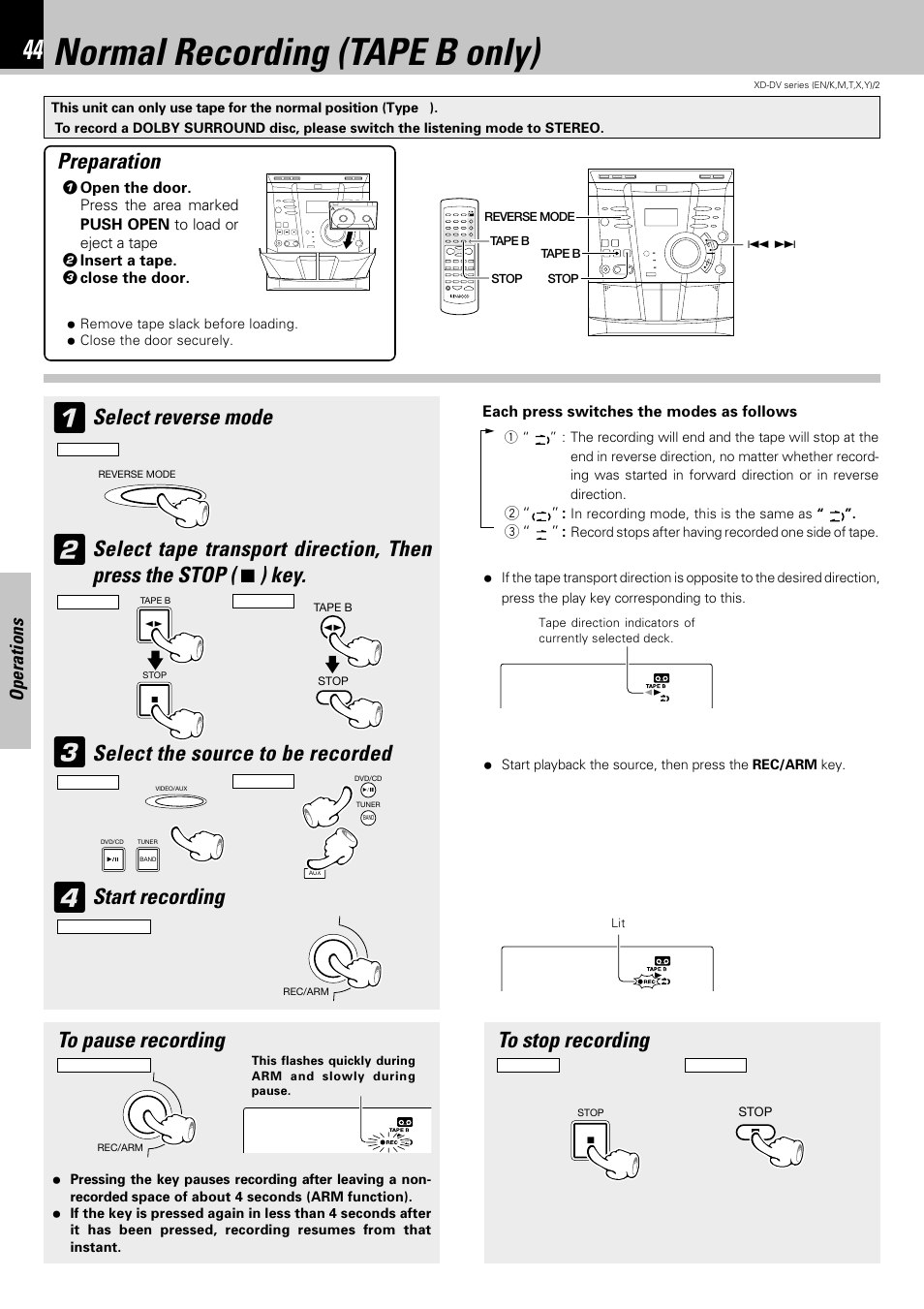 Normal recording (tape b only), Select reverse mode, Select the source to be recorded | Start recording, Preparation, Operations | Kenwood XD-DV75 User Manual | Page 44 / 73