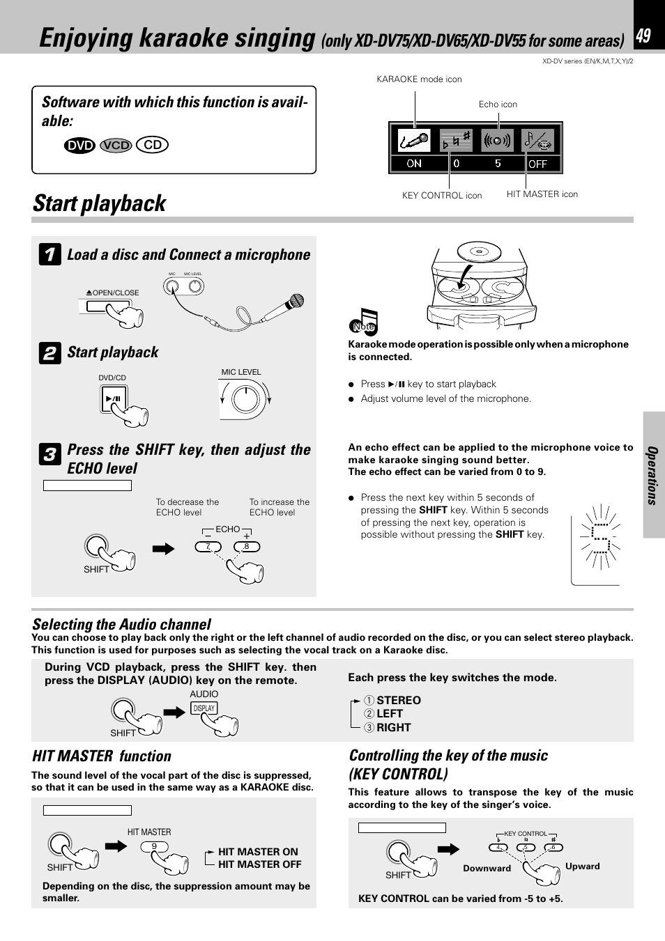 Start playback, Enjoying karaoke singing, Software with which this function is avail- able | Load a disc and connect a microphone, Press the shift key, then adjust the echo level, Selecting the audio channel | Kenwood XD-DV75 User Manual | Page 49 / 73