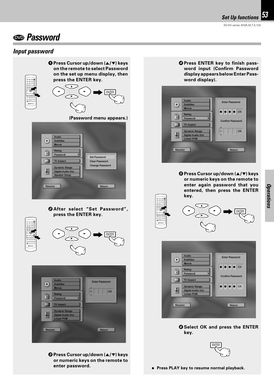 Password, Input password, Operations | Set up functions | Kenwood XD-DV75 User Manual | Page 53 / 73