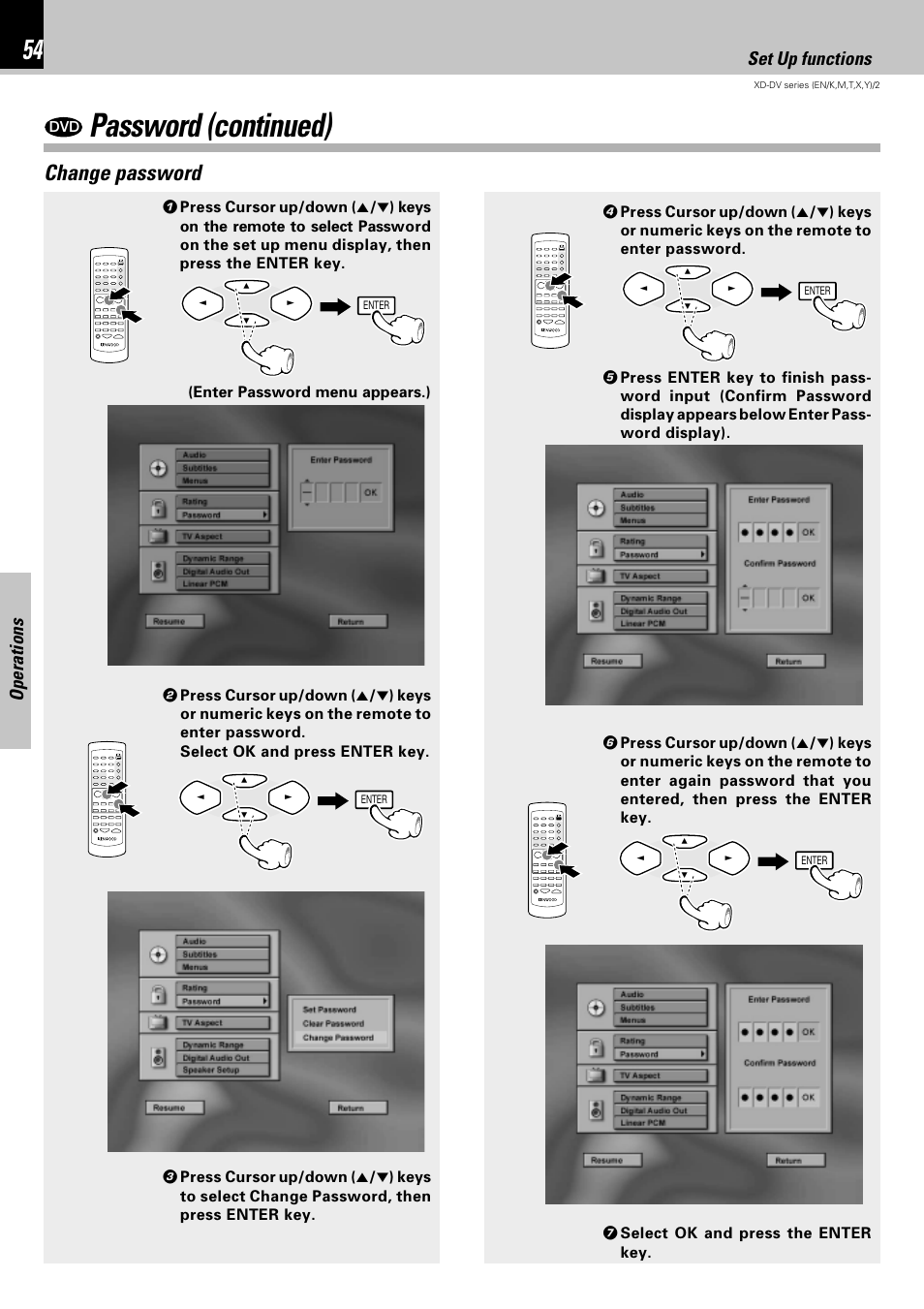 Password (continued), Change password, Operations | Set up functions | Kenwood XD-DV75 User Manual | Page 54 / 73