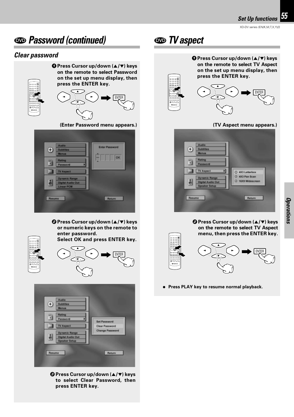 Tv aspect, Password (continued), Clear password | Operations, Set up functions | Kenwood XD-DV75 User Manual | Page 55 / 73