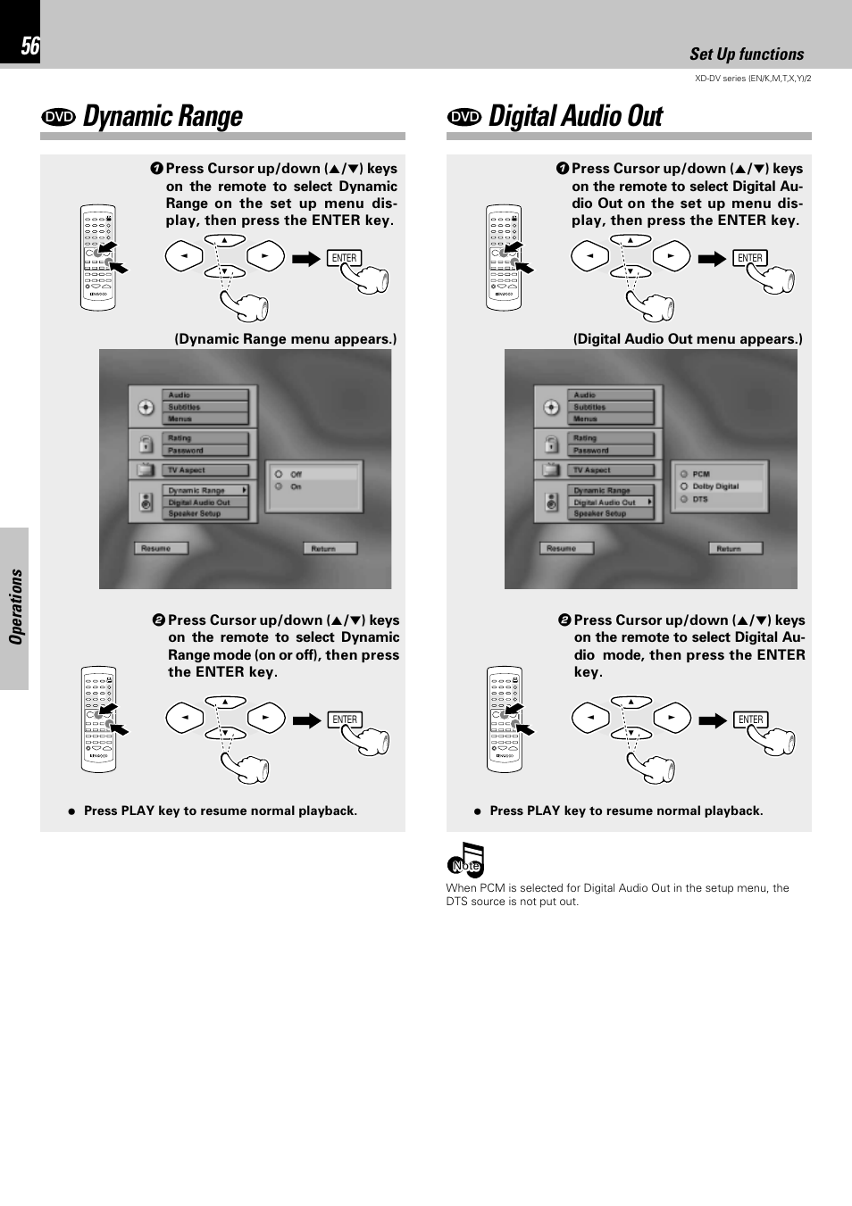 Dynamic range, Digital audio out, Operations | Set up functions | Kenwood XD-DV75 User Manual | Page 56 / 73