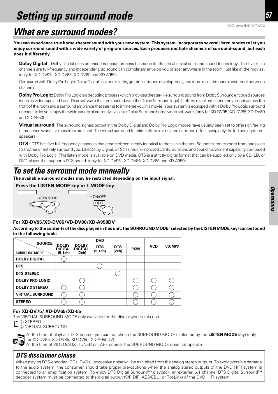 Setting up surround mode, What are surround modes, To set the surround mode manually | Dts disclaimer clause, Operations | Kenwood XD-DV75 User Manual | Page 57 / 73