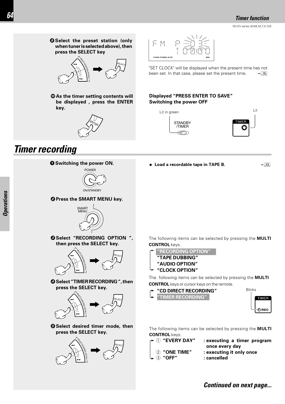 Timer recording, Continued on next page, Operations | Timer function, Load a recordable tape in tape b. e | Kenwood XD-DV75 User Manual | Page 64 / 73