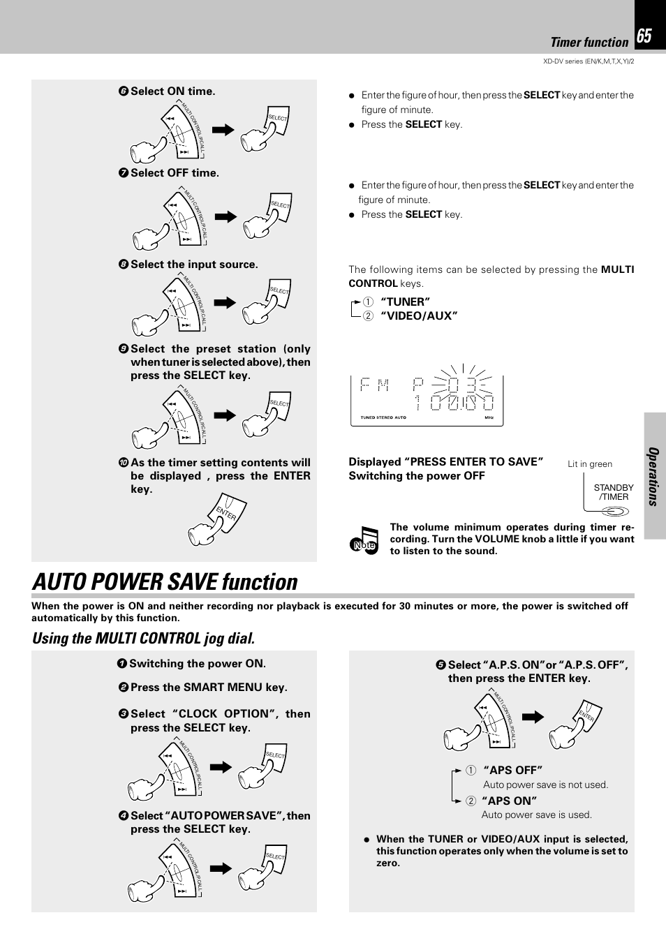 Auto power save function, Using the multi control jog dial, Operations | Timer function, 6 select on time, 1 “aps off, 2 “aps on, 7 select off time. 8 select the input source, 1 “tuner” 2 “video/aux, Auto power save is not used | Kenwood XD-DV75 User Manual | Page 65 / 73