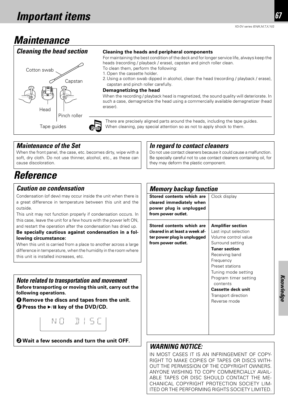 Important items, Maintenance, Reference | Maintenance of the set, Caution on condensation | Kenwood XD-DV75 User Manual | Page 67 / 73