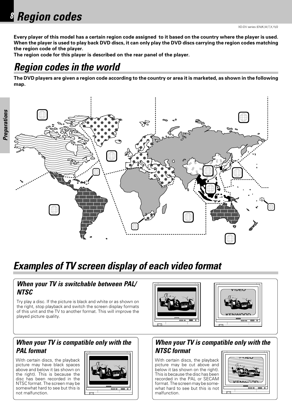 Region codes, Region codes in the world, Examples of tv screen display of each video format | Kenwood XD-DV75 User Manual | Page 8 / 73