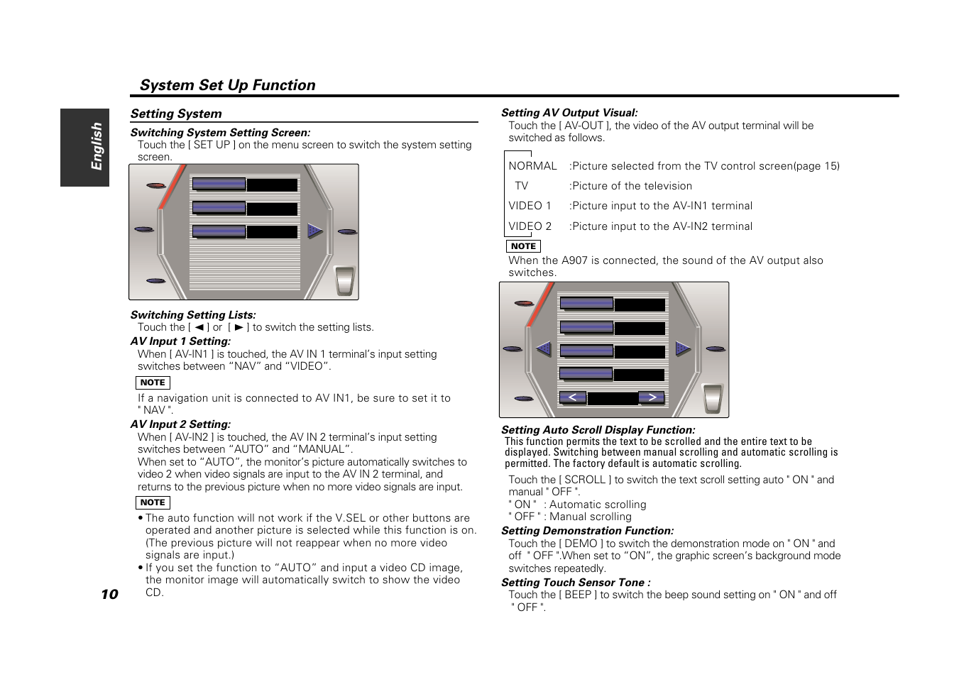 System set up function, Setting system, 10 english | Kenwood VZ907 User Manual | Page 10 / 44