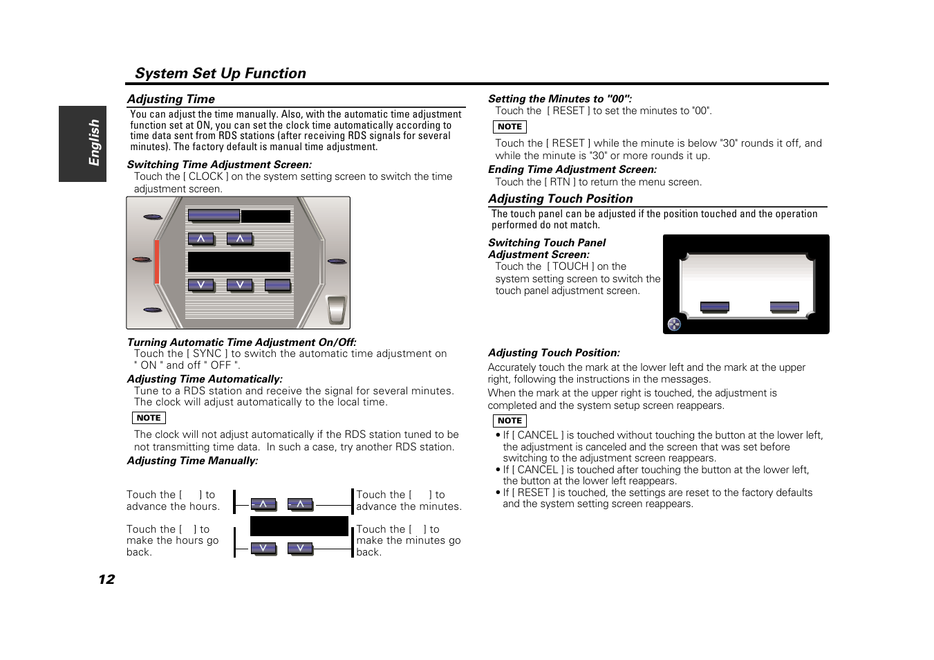 Adjusting time, Adjusting touch position, System set up function | 12 english | Kenwood VZ907 User Manual | Page 12 / 44