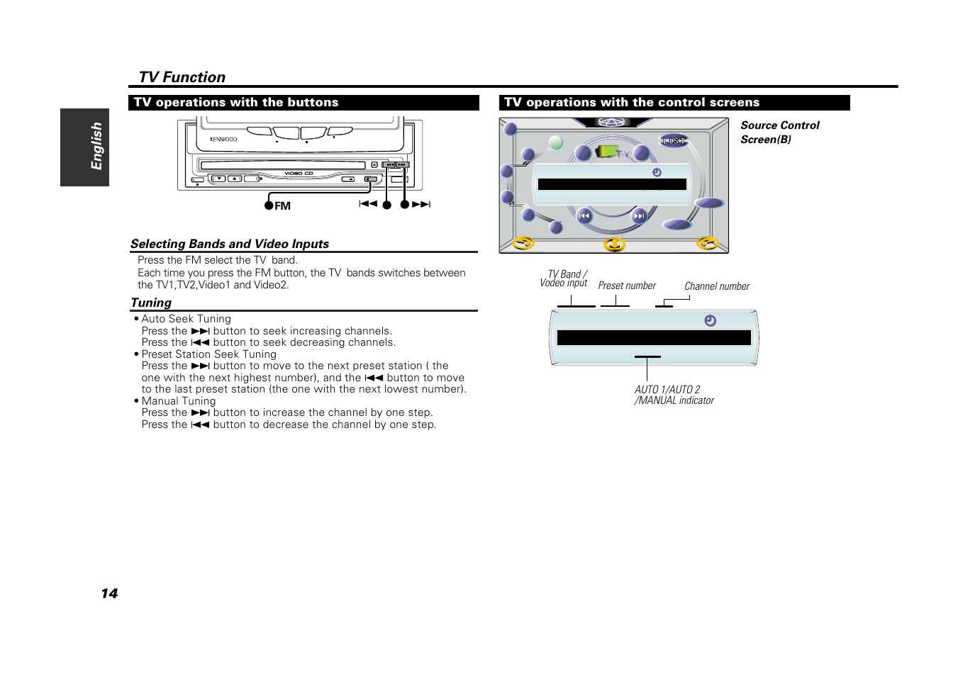 Tv function, Tv operations withthe buttons, Selecting bands and video inputs | Tuning, Tv operations withthe control screens, 14 english | Kenwood VZ907 User Manual | Page 14 / 44