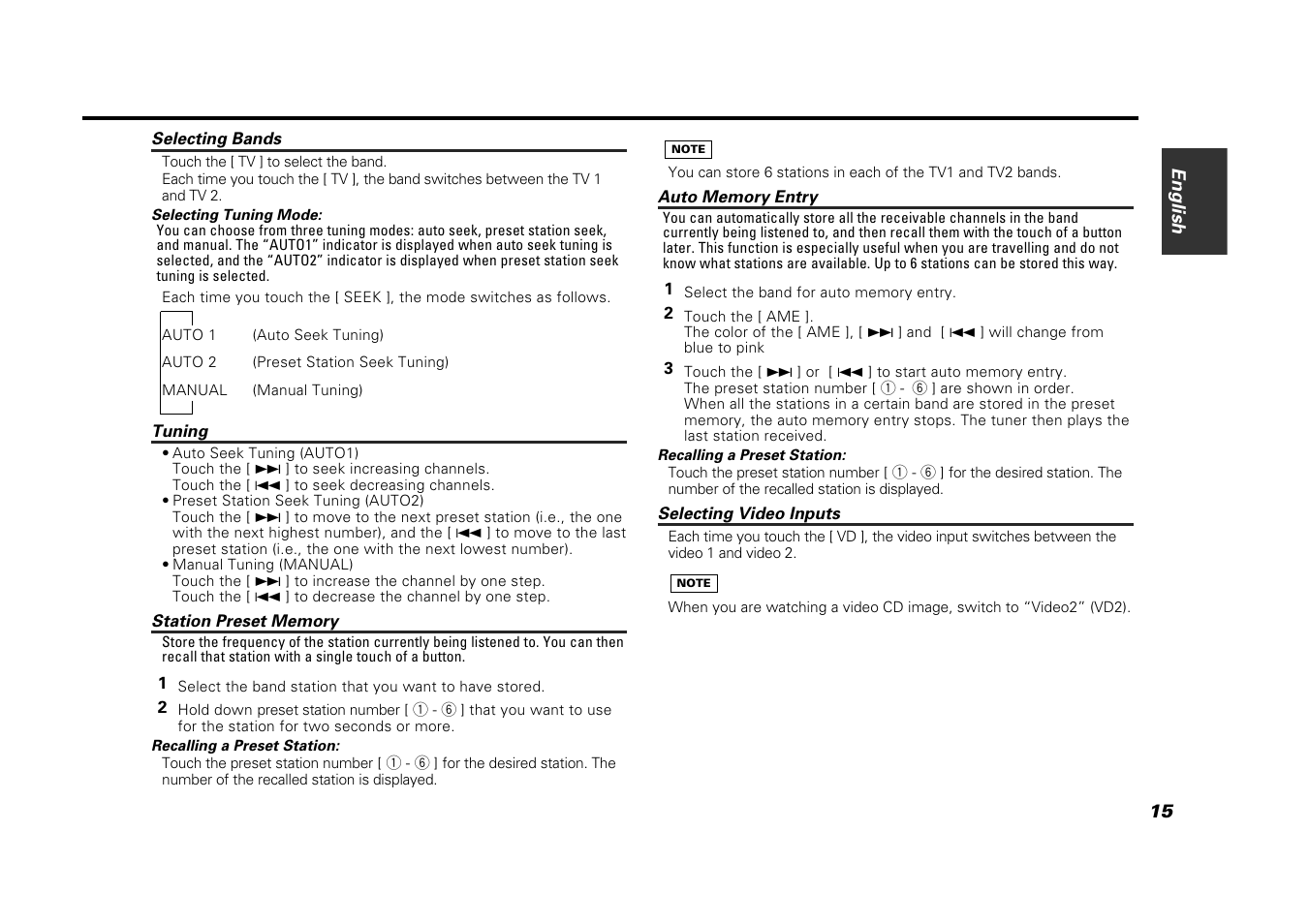 Selecting bands, Tuning, Station preset memory | Auto memory entry, Selecting video inputs | Kenwood VZ907 User Manual | Page 15 / 44