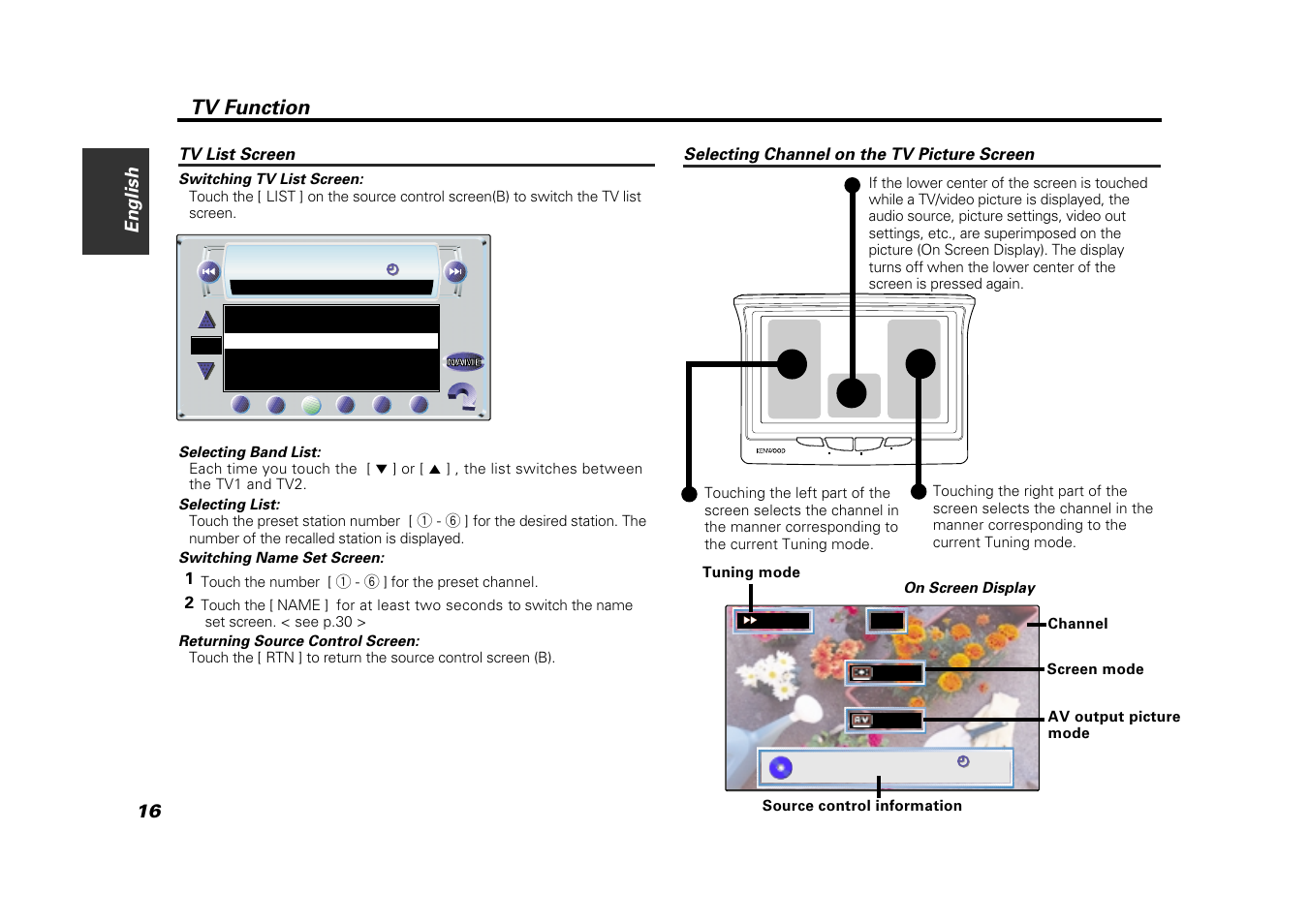 Tv list screen, Selecting channel on the tv picture screen, Tv function | 16 english | Kenwood VZ907 User Manual | Page 16 / 44