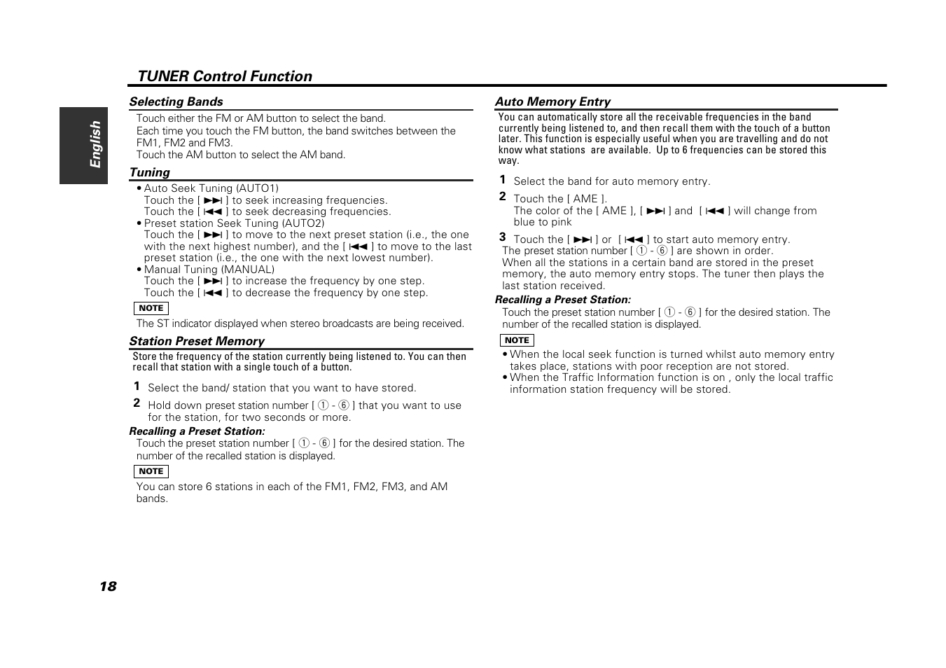 Selecting bands, Tuning, Station preset memory | Auto memory entry, Tuner control function | Kenwood VZ907 User Manual | Page 18 / 44