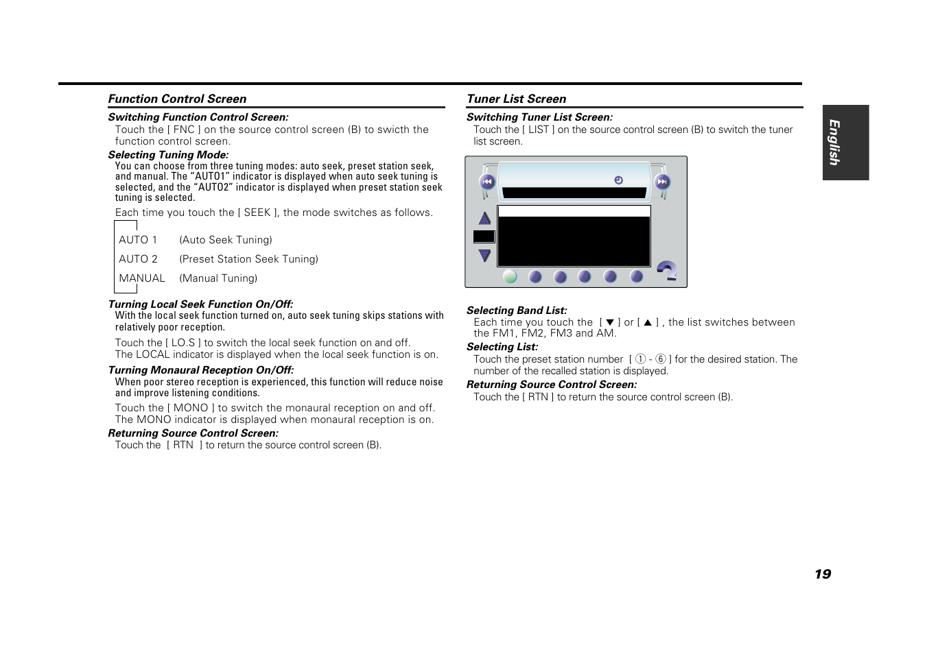 Function control screen, Tuner list screen | Kenwood VZ907 User Manual | Page 19 / 44