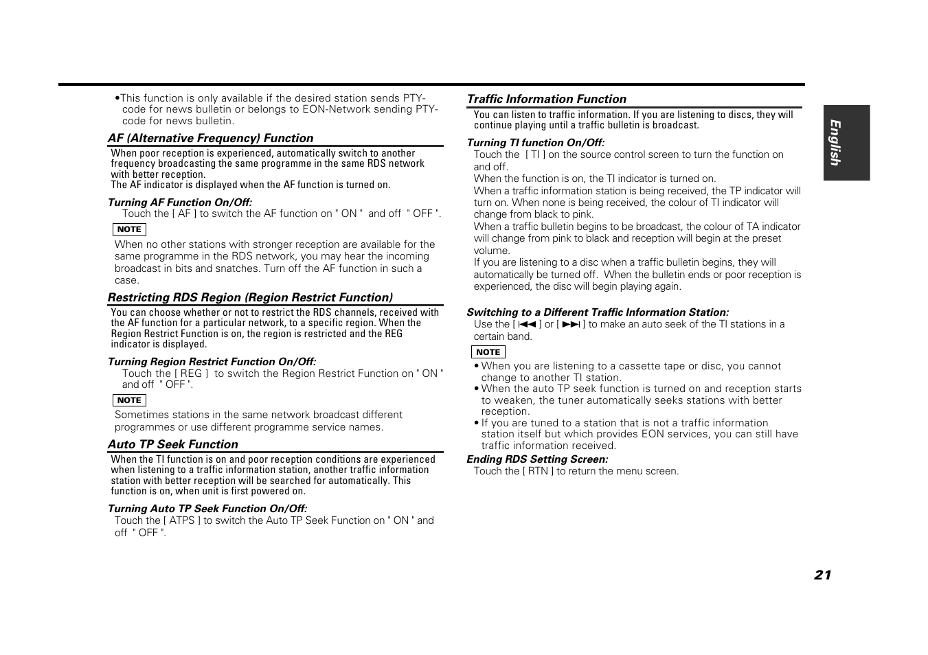 Af (alternative frequency) function, Restricting rds region (region restrict function), Auto tp seek function | Traffic information function | Kenwood VZ907 User Manual | Page 21 / 44