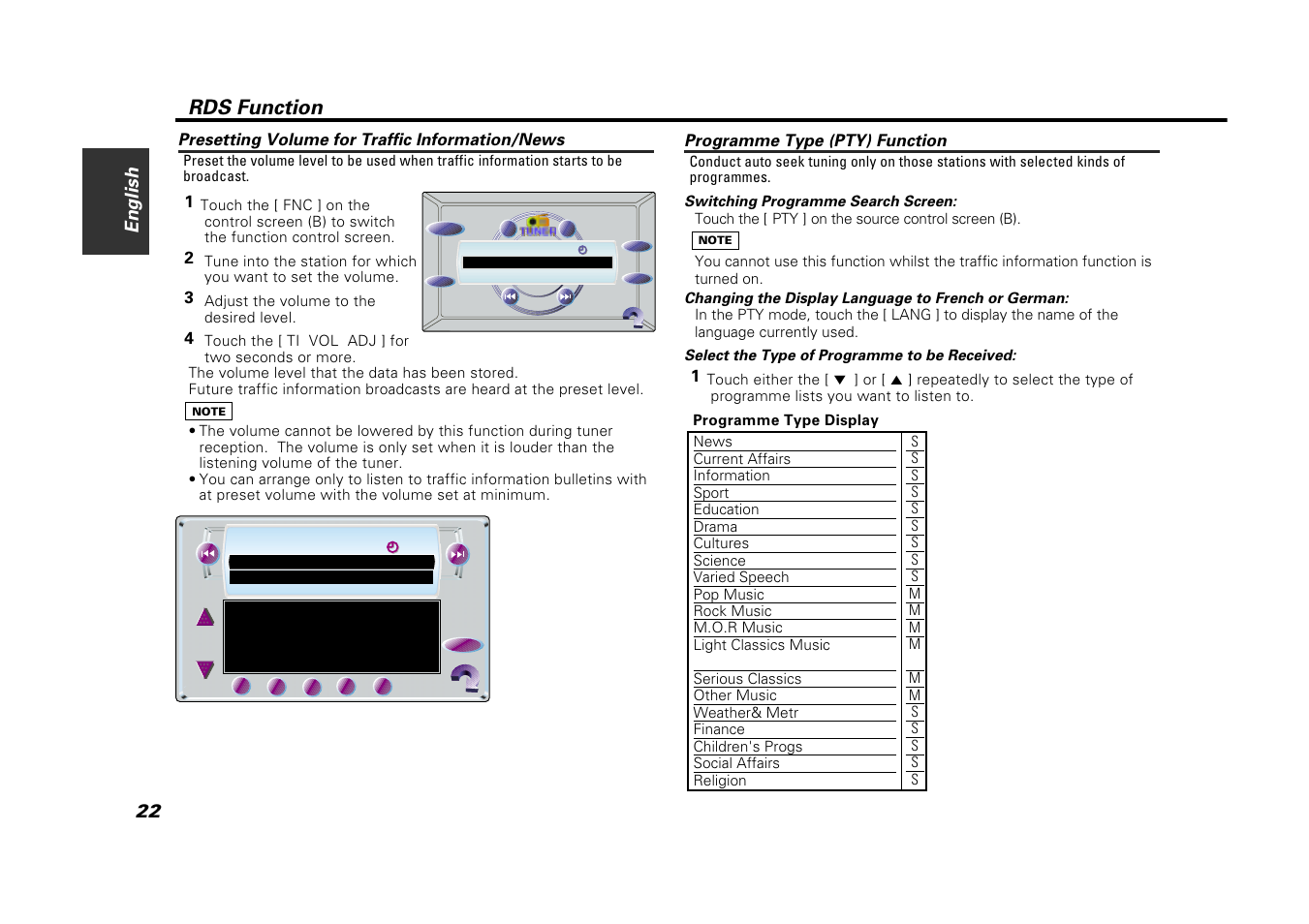 Presetting volume for traffic information/news, Programme type (pty) function, Rds function | 22 english | Kenwood VZ907 User Manual | Page 22 / 44