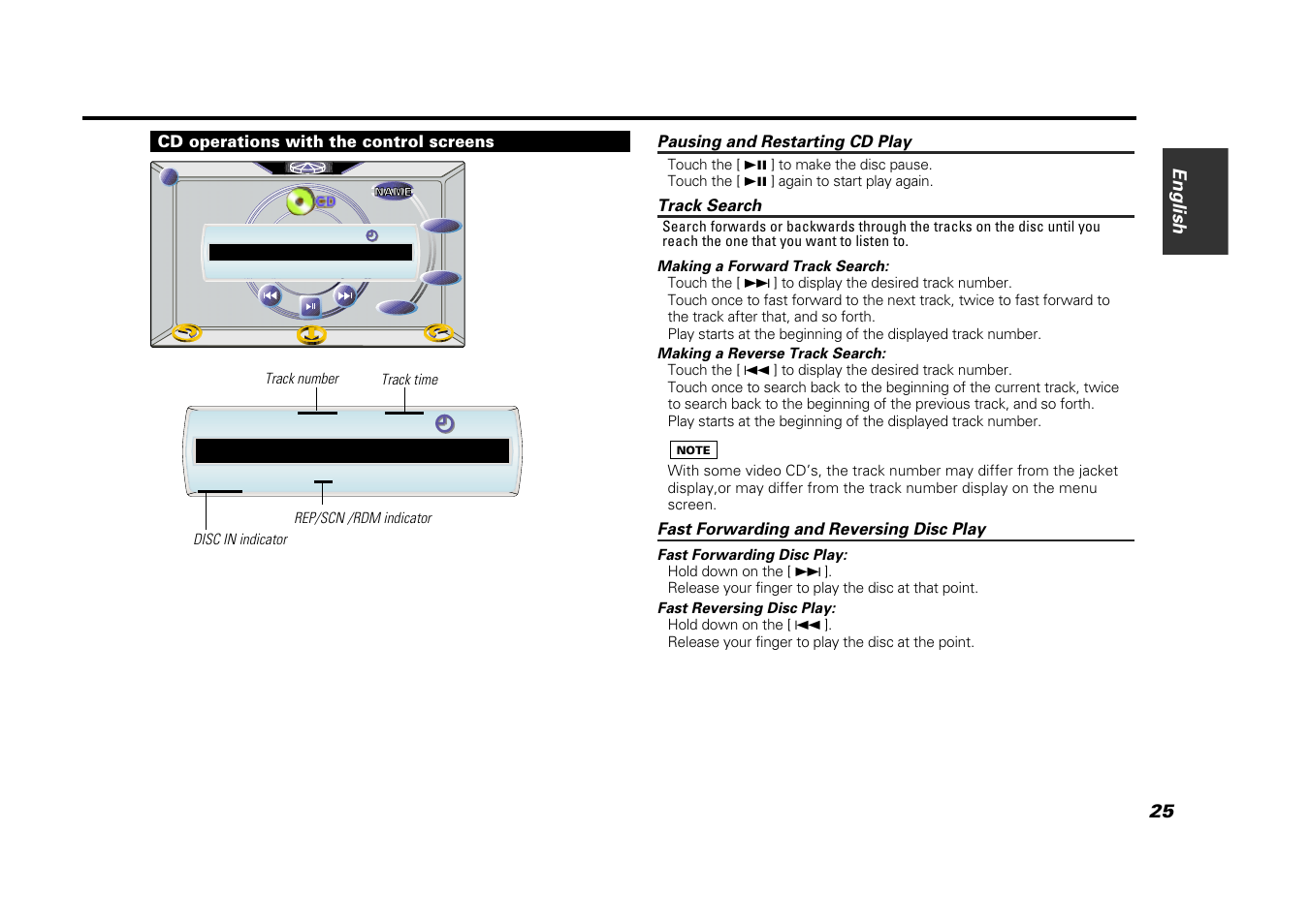 Cd operations with the control screens, Pausing and restarting cd play, Track search | Fast forwarding and reversing disc play, Best h i ts | Kenwood VZ907 User Manual | Page 25 / 44