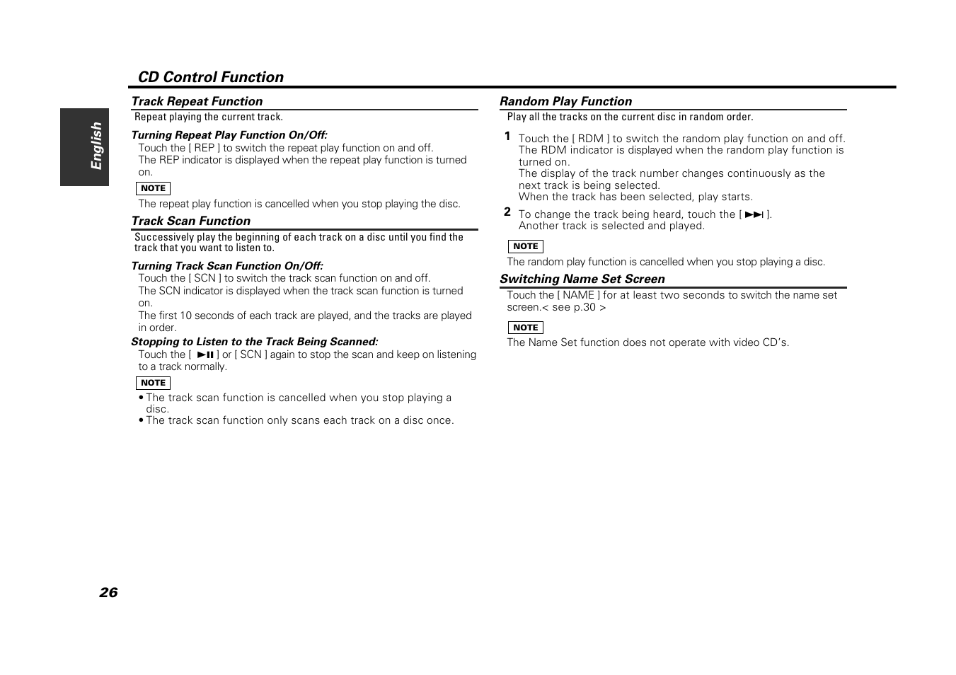 Track repeat function, Track scan function, Random play function | Switching name set screen, Cd control function | Kenwood VZ907 User Manual | Page 26 / 44