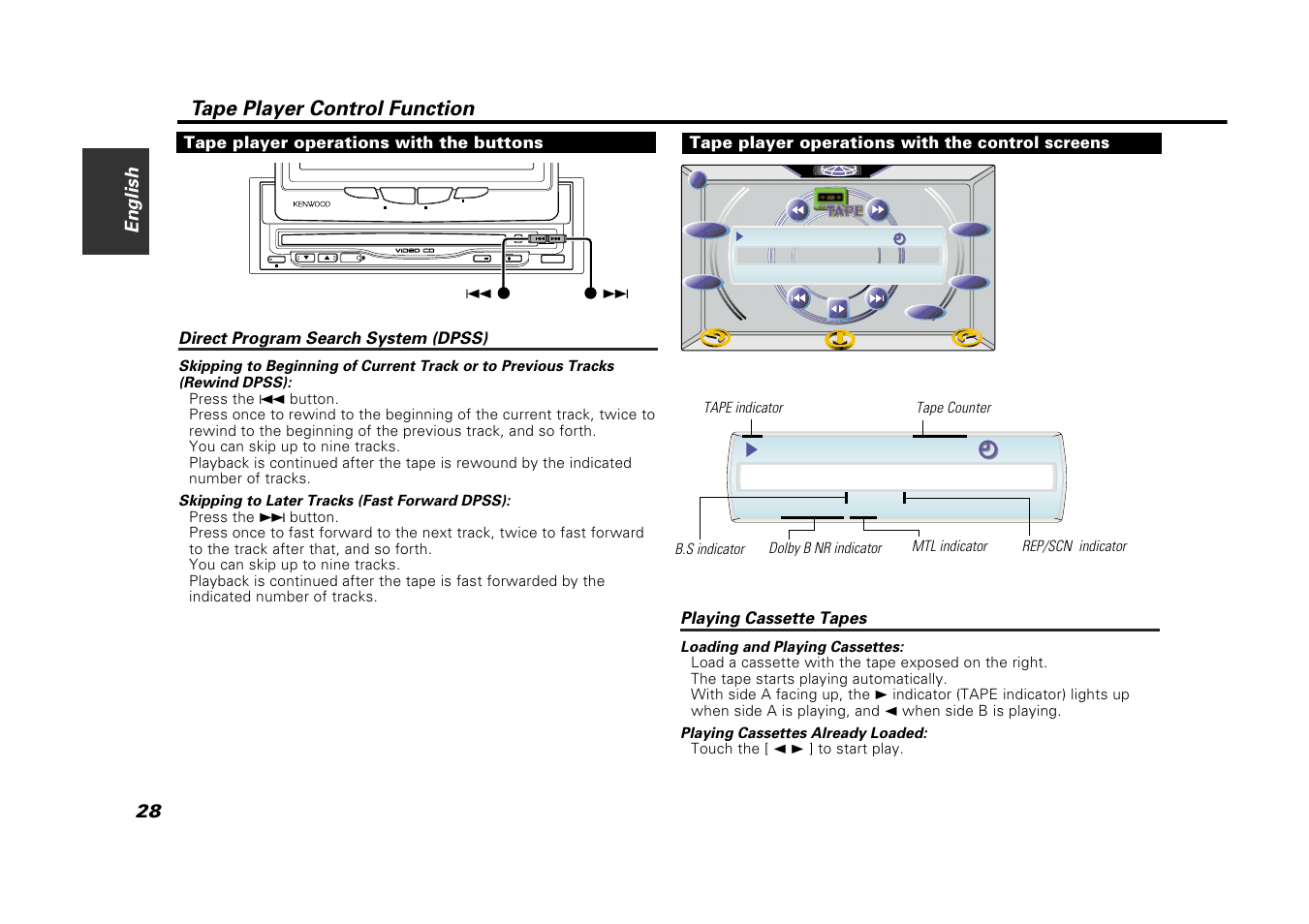 Tape player control function, Tape player operations withthe buttons, Direct program search system (dpss) | Tape player operations with the control screens, Playing cassette tapes, 28 english | Kenwood VZ907 User Manual | Page 28 / 44