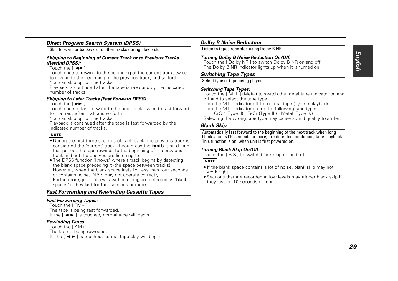 Direct program search system (dpss), Fast forwarding and rewinding cassette tapes, Dolby b noise reduction | Switching tape types, Blank skip | Kenwood VZ907 User Manual | Page 29 / 44