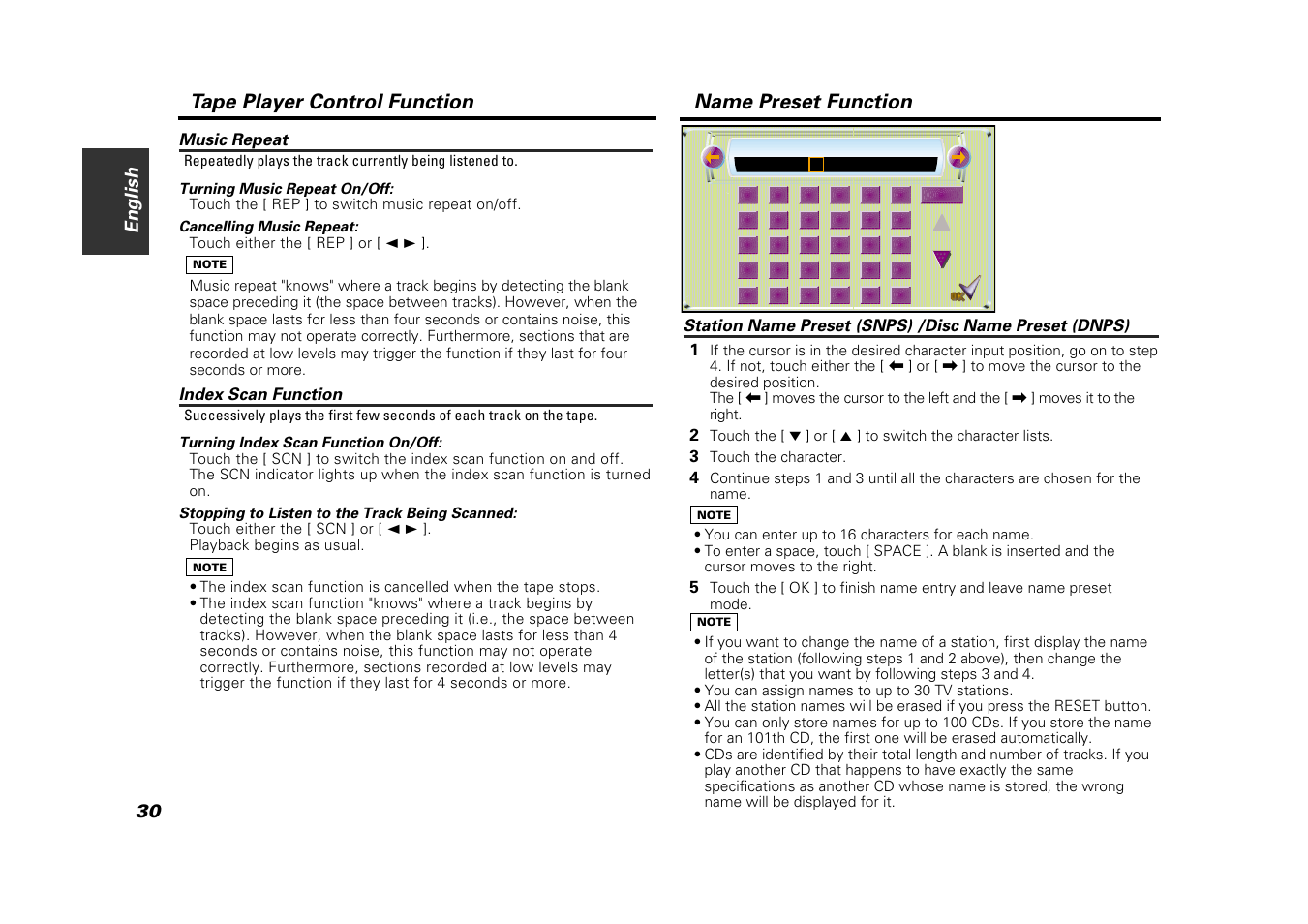 Music repeat, Index scan function, Name preset function | Tape player control function | Kenwood VZ907 User Manual | Page 30 / 44