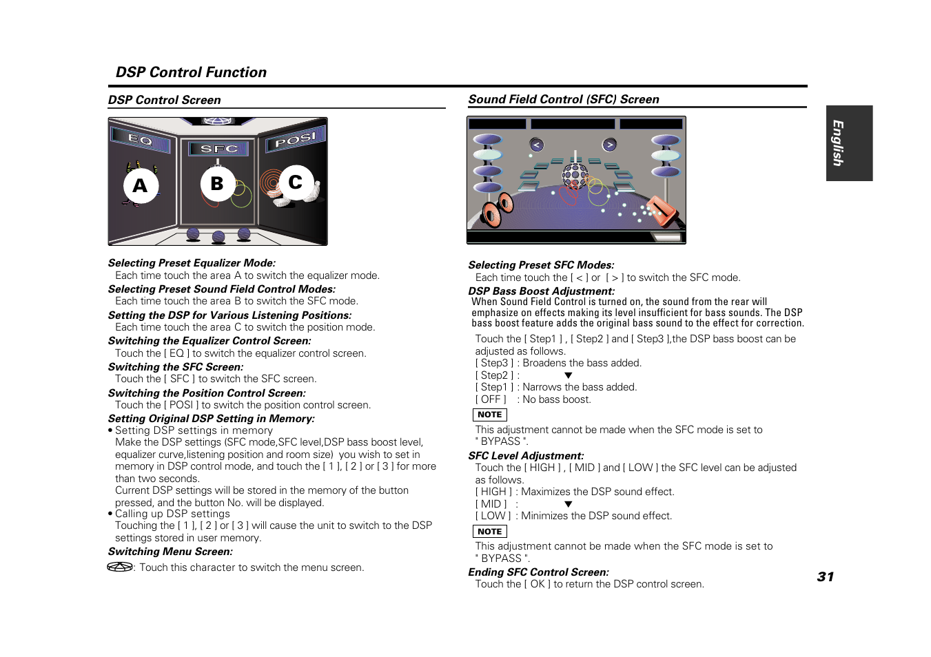 Dsp control function, Dsp control screen, Sound field control (sfc) screen | Ba c | Kenwood VZ907 User Manual | Page 31 / 44