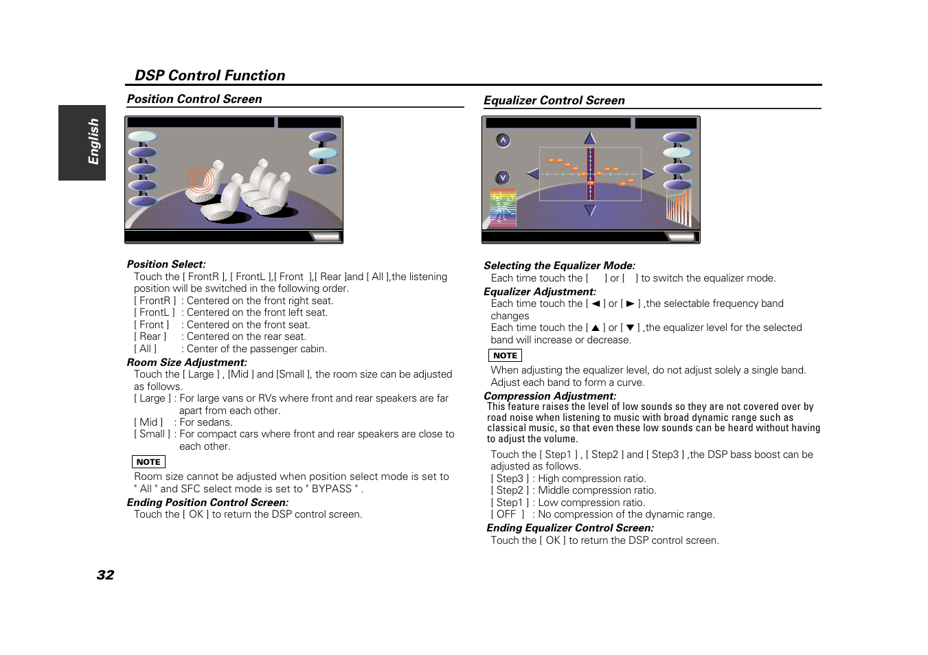 Position control screen, Equalizer control screen, Dsp control function | 32 english | Kenwood VZ907 User Manual | Page 32 / 44