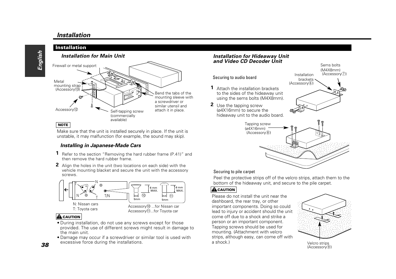 Installation, Installation for main unit, Installing in japanese-made cars | Kenwood VZ907 User Manual | Page 38 / 44