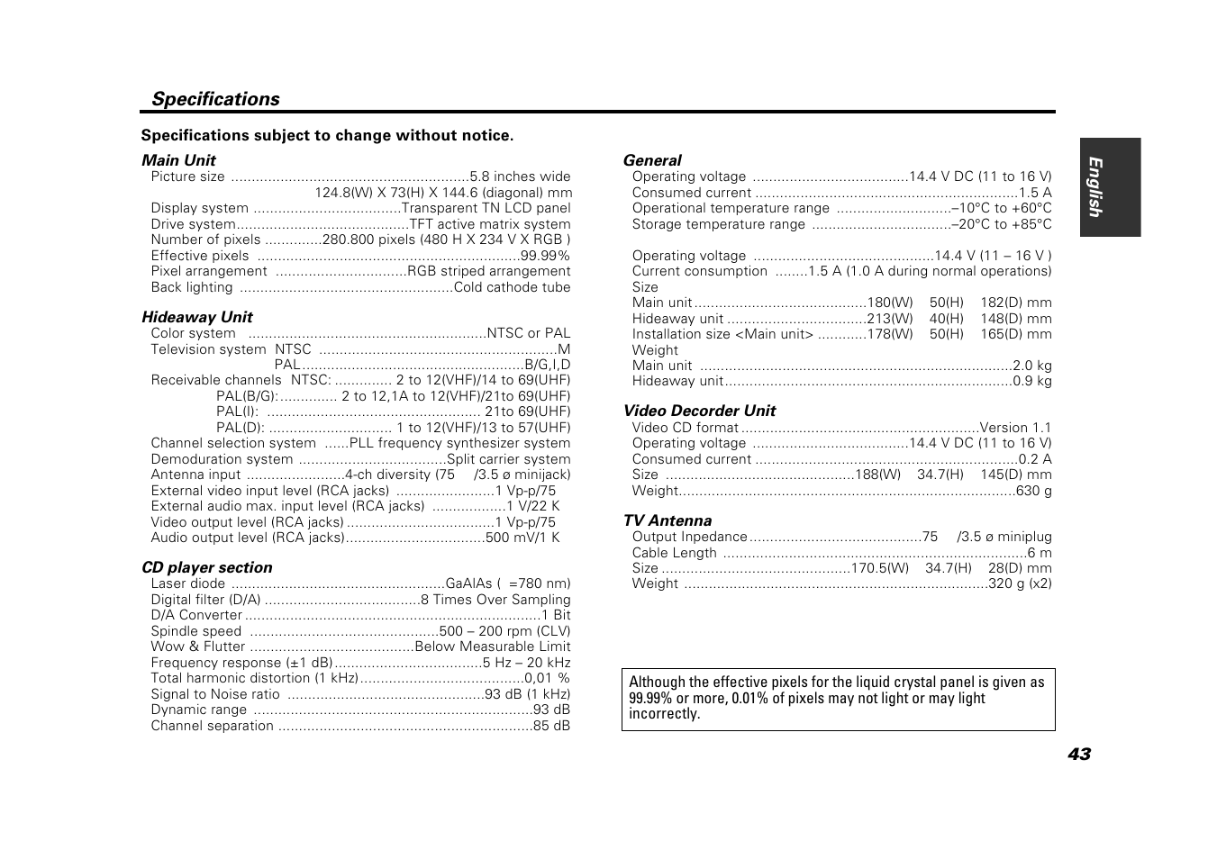 Specifications | Kenwood VZ907 User Manual | Page 43 / 44