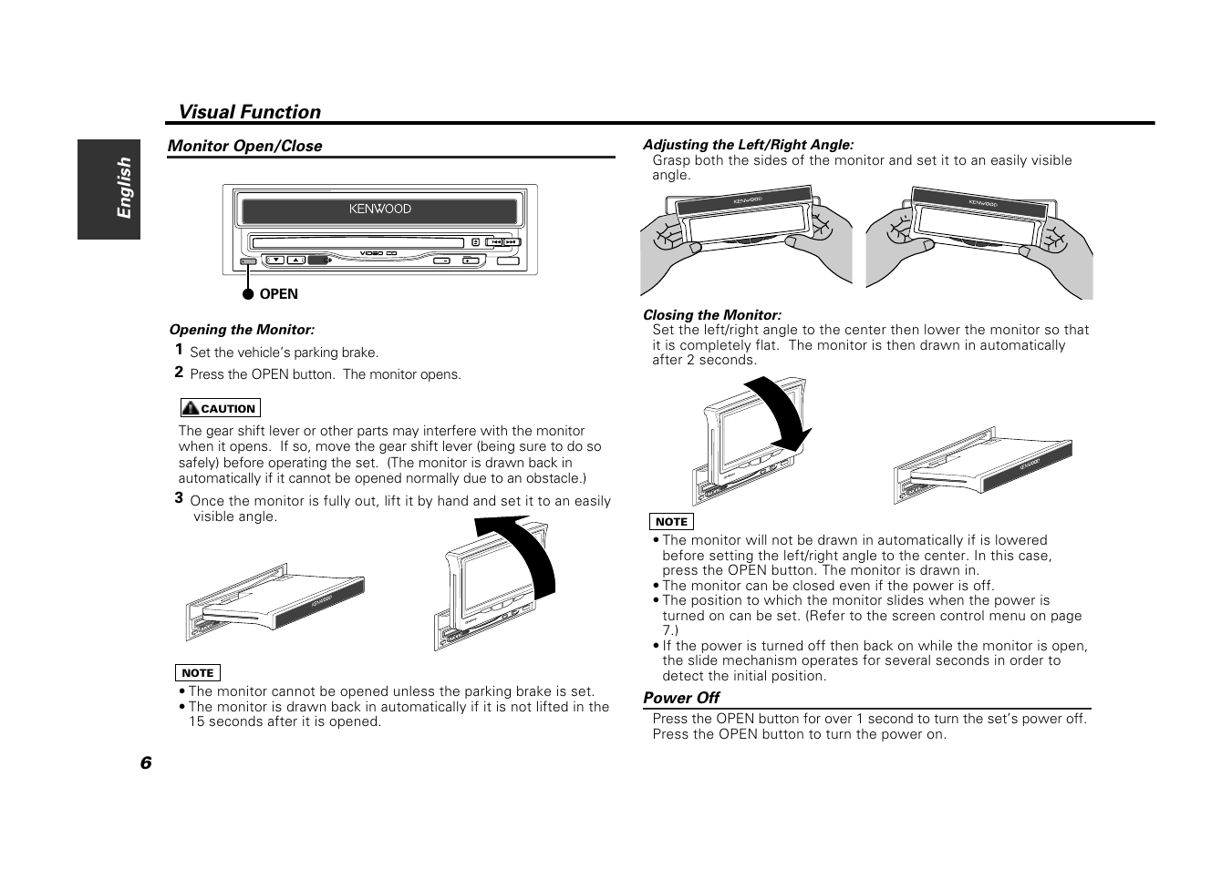 Visual function, Monitor open/close, Power off | Kenwood VZ907 User Manual | Page 6 / 44