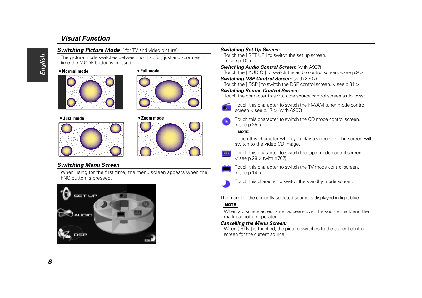 Switching picture mode, Switching menu screen, Visual function | Kenwood VZ907 User Manual | Page 8 / 44