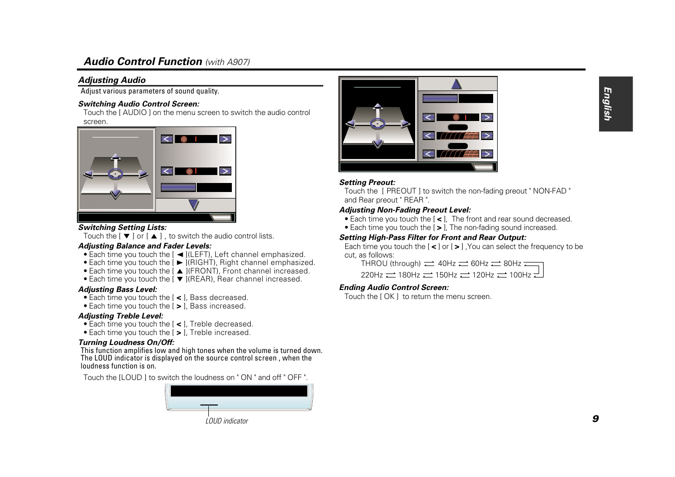 Audio control function (with a907), Adjusting audio, Audio control function | English 9 | Kenwood VZ907 User Manual | Page 9 / 44