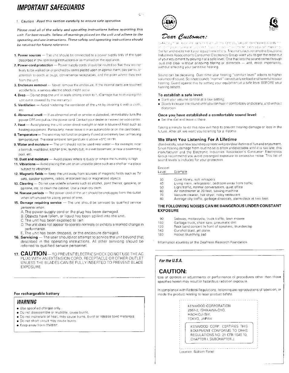 Mportant safeguards, We want you listening for a lifetime, 17 caution | Caution, Warning | Kenwood Portable Mini Disk Player DMC-J3 User Manual | Page 2 / 7