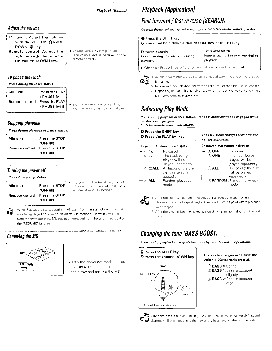 To pause playback, Stopping playback, Turning the power off | Playback (application, Fast forward/ fast reverse (search), For forward search, For reverse search, Selecting play mode, Repeat / random mode display, Character information indication | Kenwood Portable Mini Disk Player DMC-J3 User Manual | Page 5 / 7