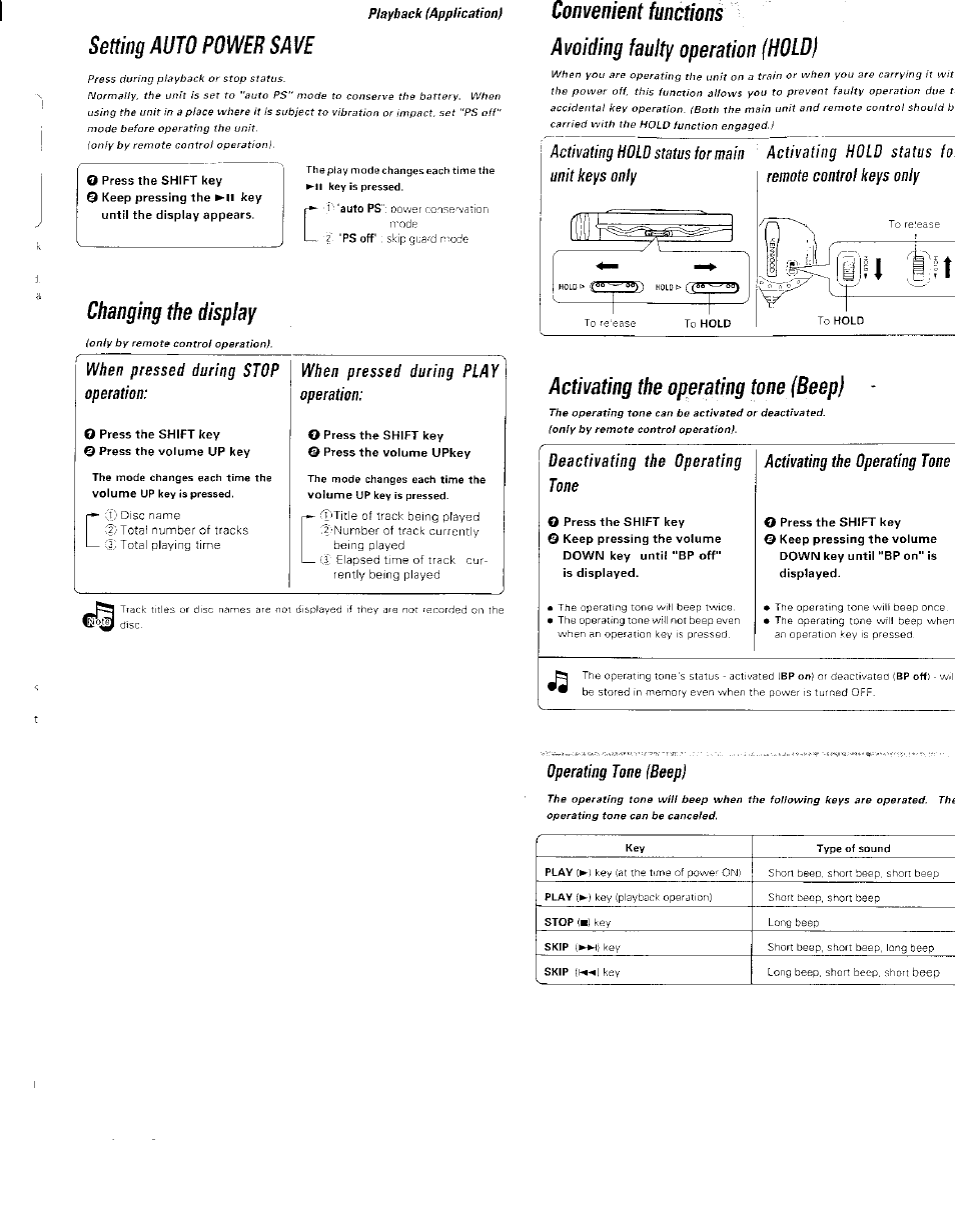 Setting auto power save, Thepiay modechangeseachtimethe ► ii key is pressed, Changing the display | Activating hold status for main unit keys only, Activating the operating tone (beep), Operating tone (beep) | Kenwood Portable Mini Disk Player DMC-J3 User Manual | Page 6 / 7