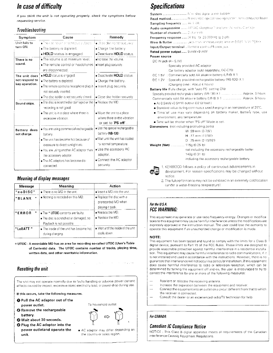 Troubleshooting, Meaning of display messages, Resetting the unit | Rated power output, Fcc warning, Note, Canadian 1c compliance notice, Specifications, Case of ¡¡ifficulty | Kenwood Portable Mini Disk Player DMC-J3 User Manual | Page 7 / 7