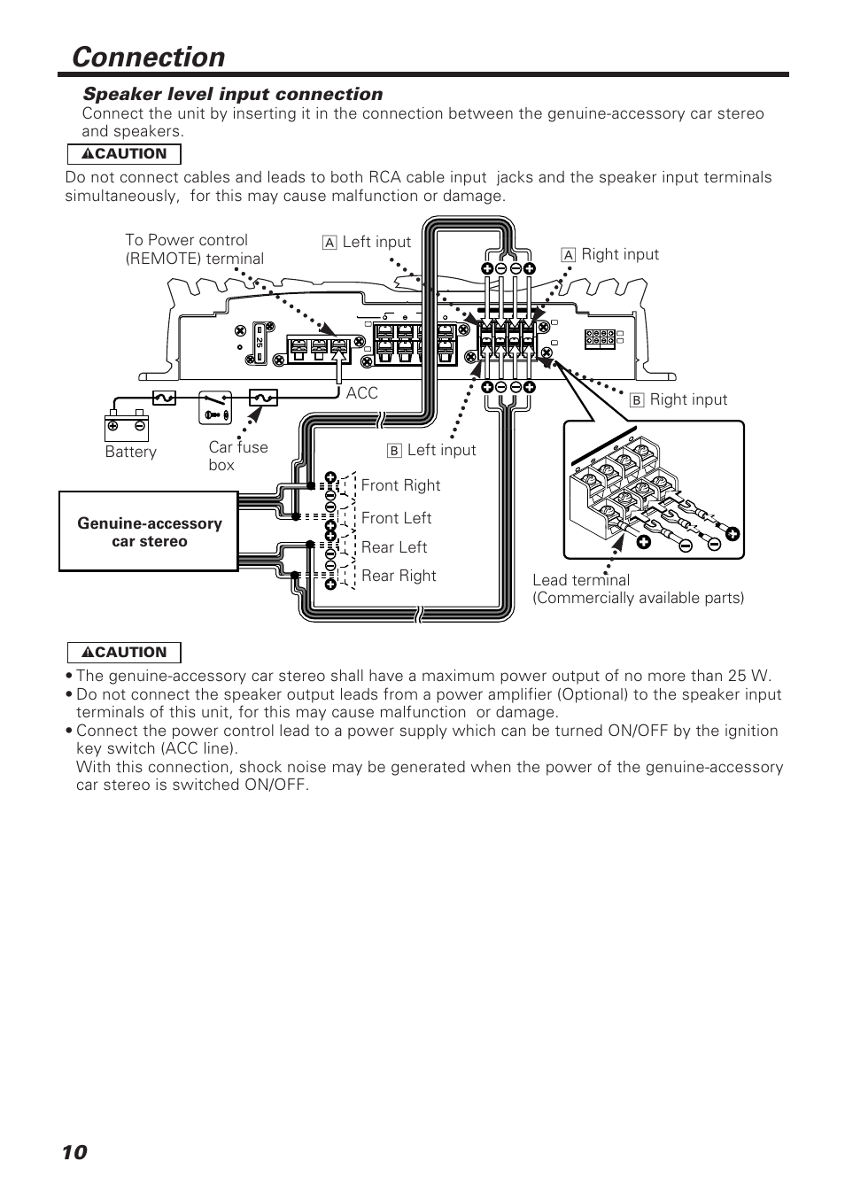 Connection, Speaker level input connection, Genuine-accessory car stereo | Lead terminal (commercially available parts) | Kenwood KAC-648 User Manual | Page 10 / 12
