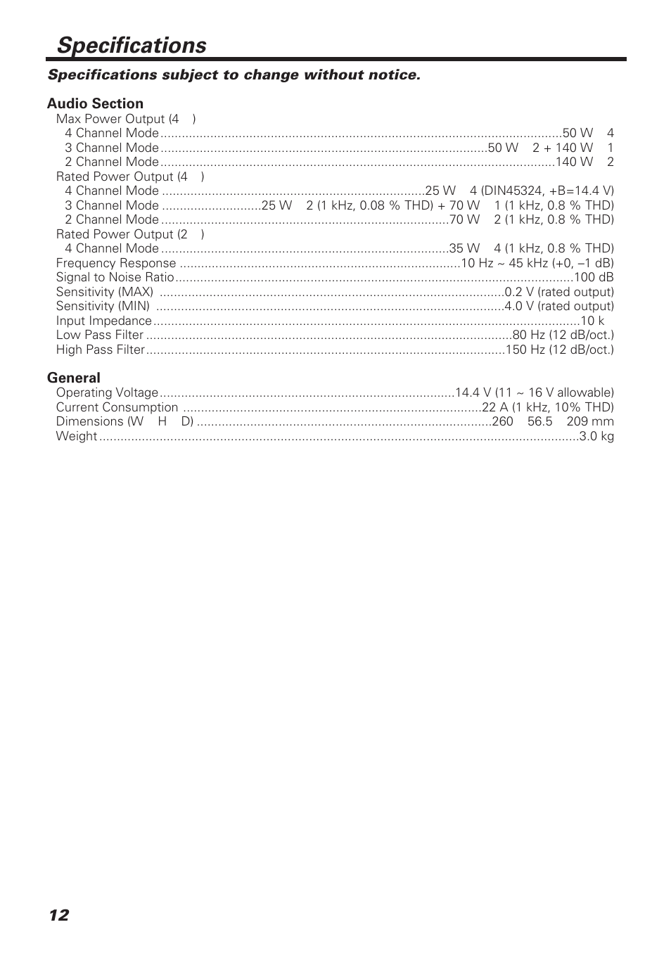 Specifications | Kenwood KAC-648 User Manual | Page 12 / 12