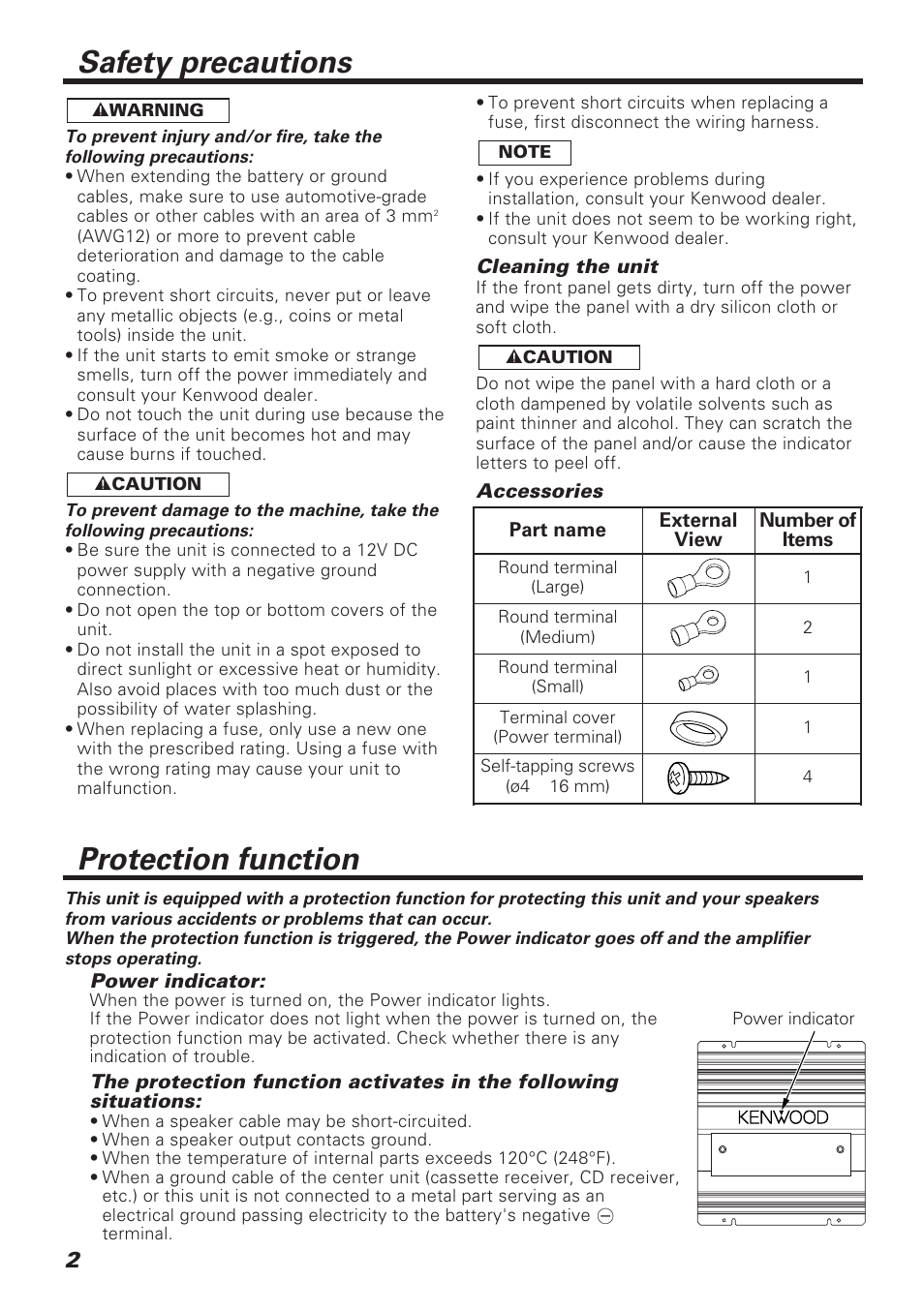 Safety precautions protection function | Kenwood KAC-648 User Manual | Page 2 / 12