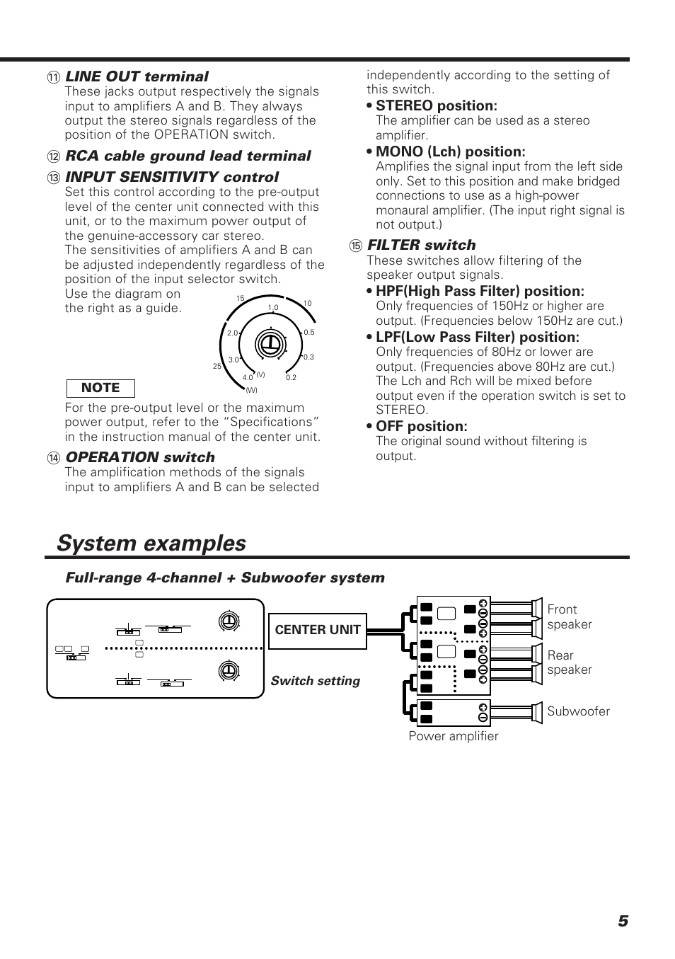 System examples, Line out terminal, Operation switch | Stereo position, Mono (lch) position, Filter switch, Hpf(high pass filter) position, Lpf(low pass filter) position, Off position, Full-range 4-channel + subwoofer system | Kenwood KAC-648 User Manual | Page 5 / 12