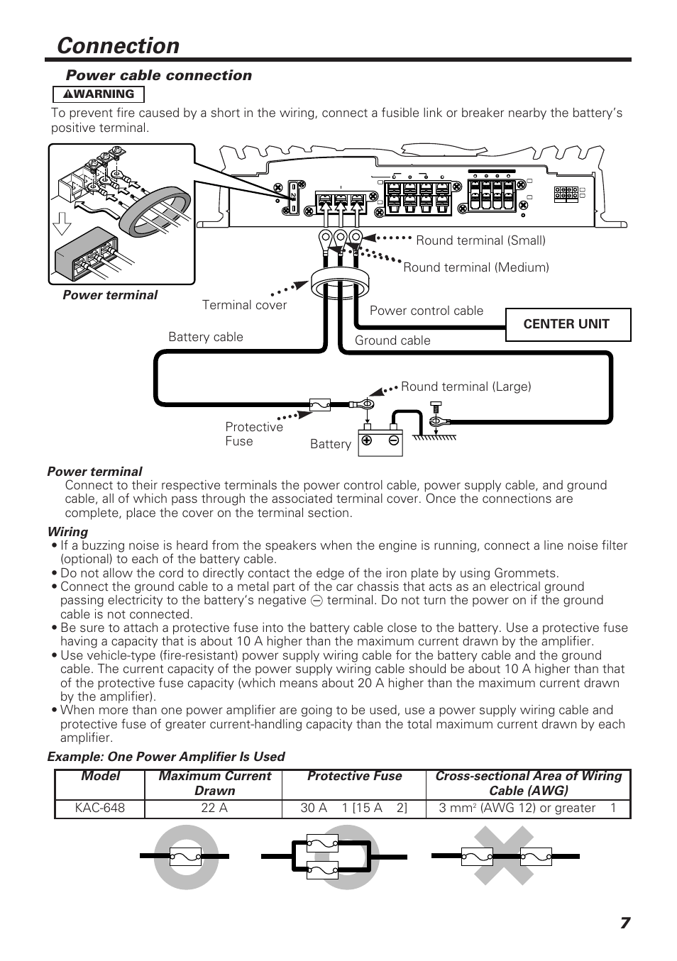 Connection, Power cable connection | Kenwood KAC-648 User Manual | Page 7 / 12