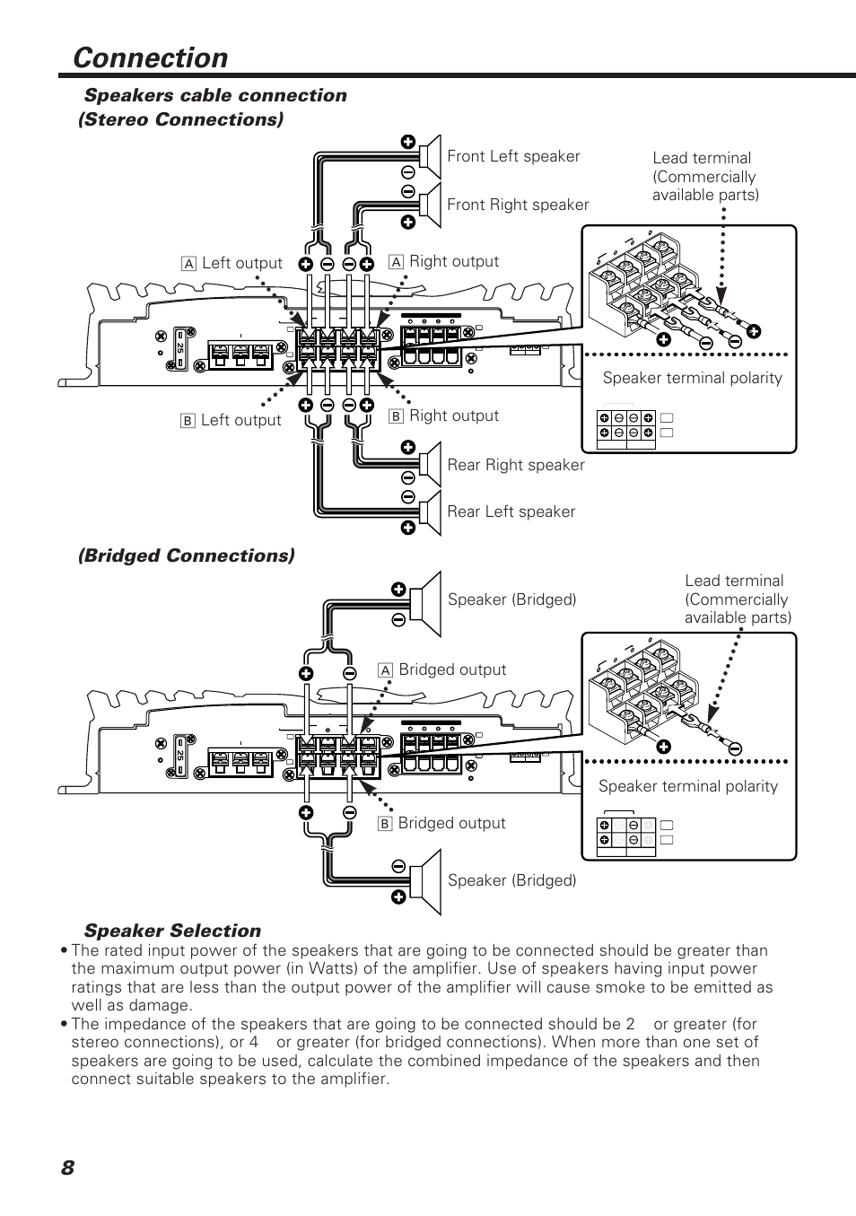 Connection, Speakers cable connection (stereo connections), Bridged connections) | Speaker selection | Kenwood KAC-648 User Manual | Page 8 / 12