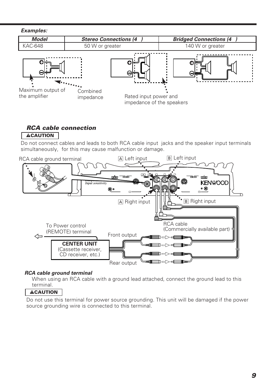 Rca cable connection | Kenwood KAC-648 User Manual | Page 9 / 12