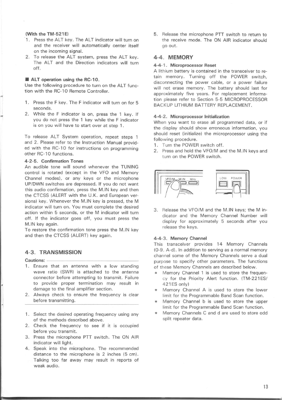 With the tm-521e), Alt operation using the rc-10, 2-5. confirmation tones | 3. transmission, Cautions, 4. memory, 4-1. microprocessor reset, 4-2. microprocessor initialization | Kenwood TM-521E User Manual | Page 13 / 29